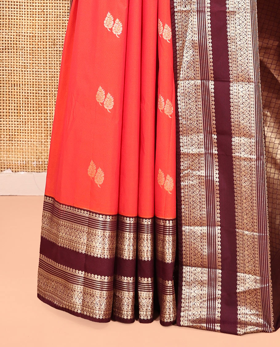 Orange and Brown Budget Silk Saree, Enriched with Leaf Zari Buttas All Over Its Body, Complemented by Contrast Rettai Pettu Traditional Zari Designs Woven Border, Grand Jaal Pallu, and Paired with a Contrast Blouse