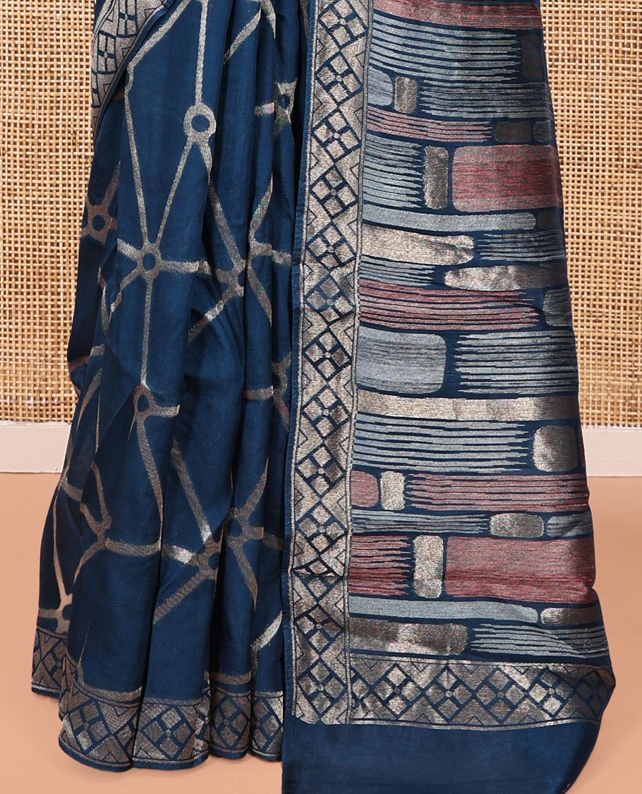 Royal Blue Chanderi Cotton Saree, Bedecked with Geometric Web-Patterns Weave On Its Body, Subtle Geometric Border, Pallu of Geometric Weave, and Paired with a Matching Blouse