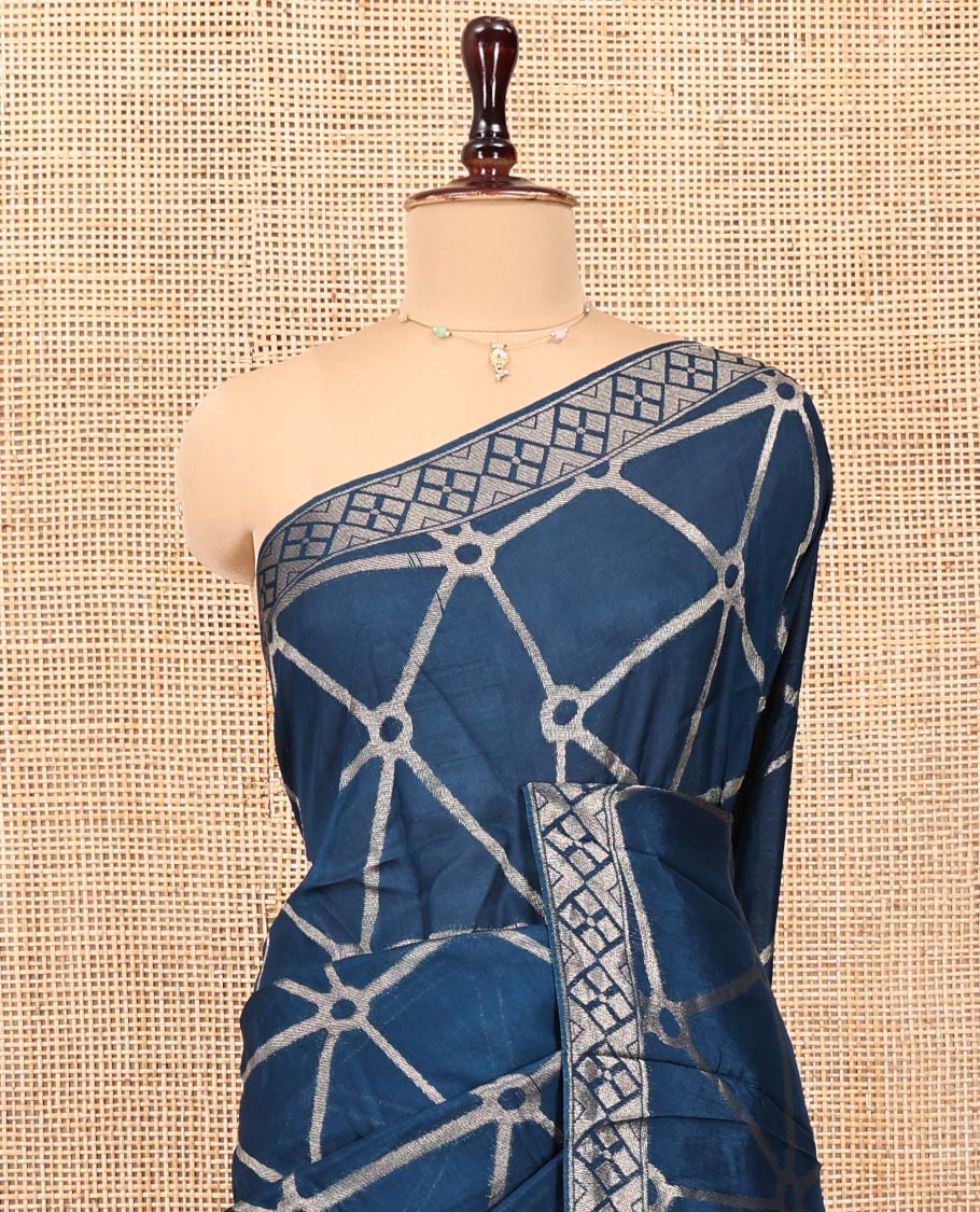 Royal Blue Chanderi Cotton Saree, Bedecked with Geometric Web-Patterns Weave On Its Body, Subtle Geometric Border, Pallu of Geometric Weave, and Paired with a Matching Blouse