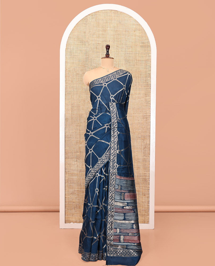Royal Blue Chanderi Cotton Saree, Bedecked with Geometric Web-Patterns Weave On Its Body, Subtle Geometric Border, Pallu of Geometric Weave, and Paired with a Matching Blouse