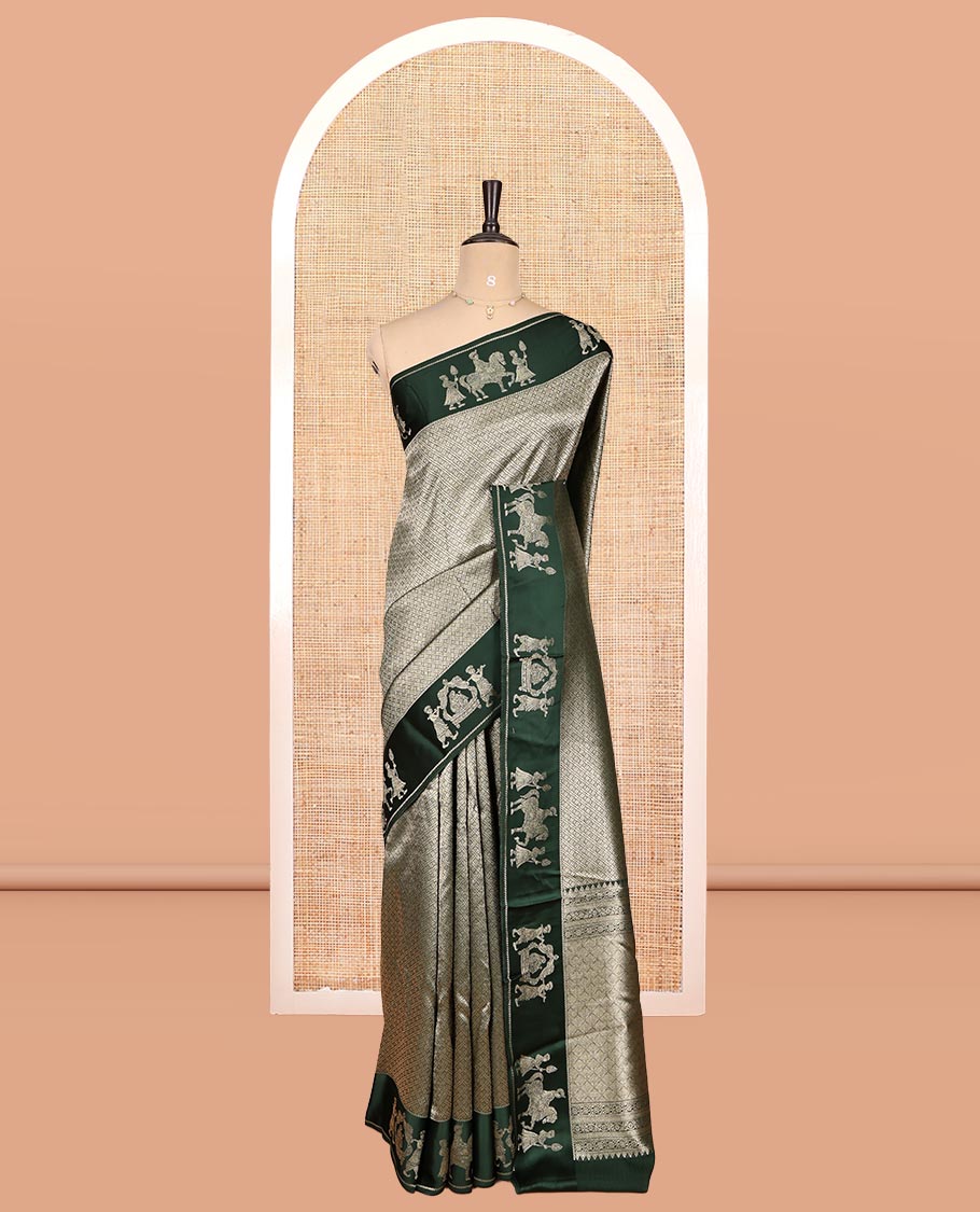 Mehenti Green Russian Dola Silk Saree Features Jacquard, Wedding-Themed Border, Jaal Pallu, Matching Blouse