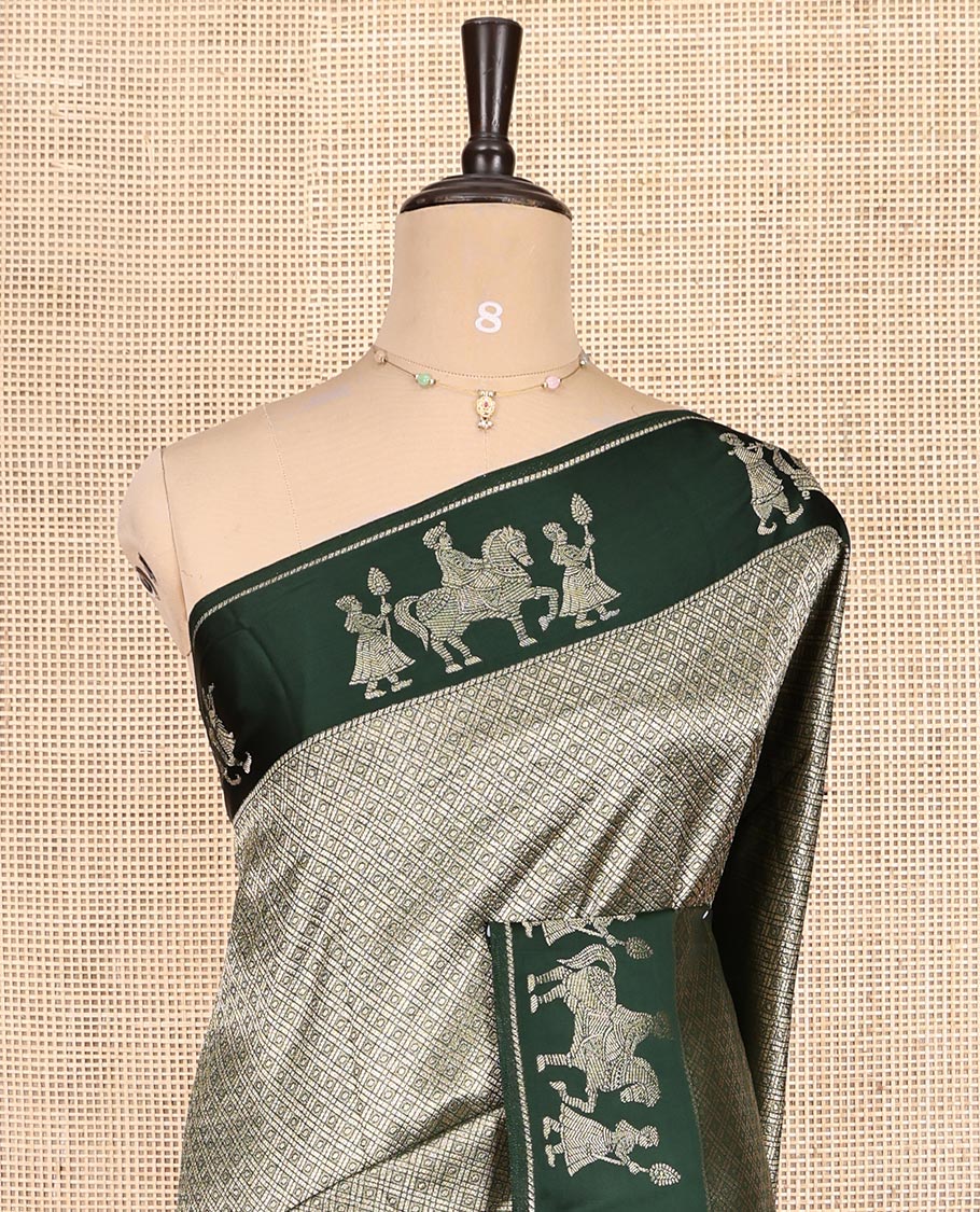 Mehenti Green Russian Dola Silk Saree Features Jacquard, Wedding-Themed Border, Jaal Pallu, Matching Blouse