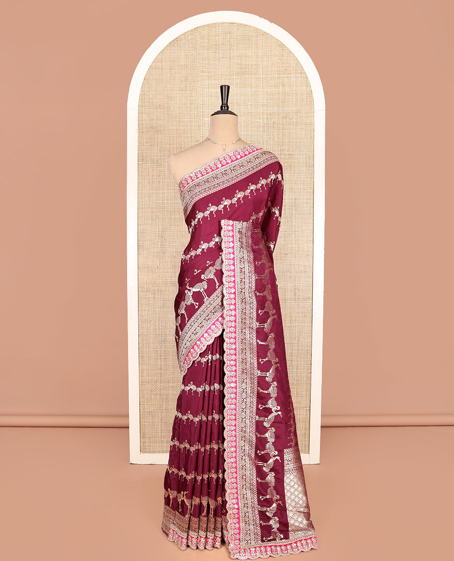 Wine Bird Buttas Russian Dola Silk Saree, Contrast Patchwork Border, Matching Blouse