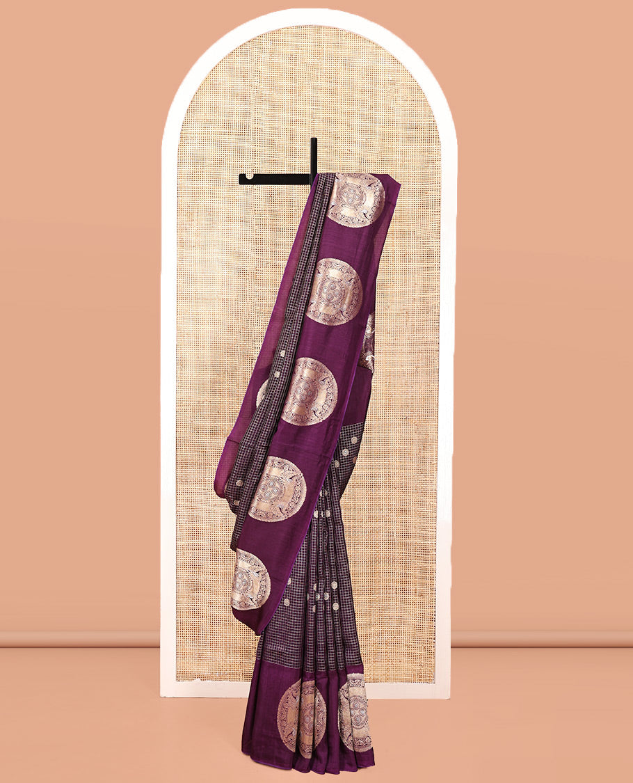 Dark Purple H O-Silk Saree, Beautifully Decked up with Zari Buttas and Zari Checks On Its Body, Accentuated with Contrast Big Chakram Motifs Woven Border, Grand Jaal Design Woven Pallu, and Paired with a Checked Blouse