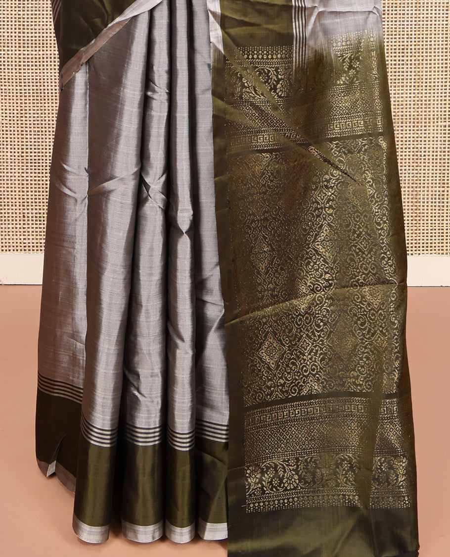 Grey-Mehendi Buttas Mayuri Lite Silk Mix Saree, Contrast Border, Grand Pallu, Contrast Blouse