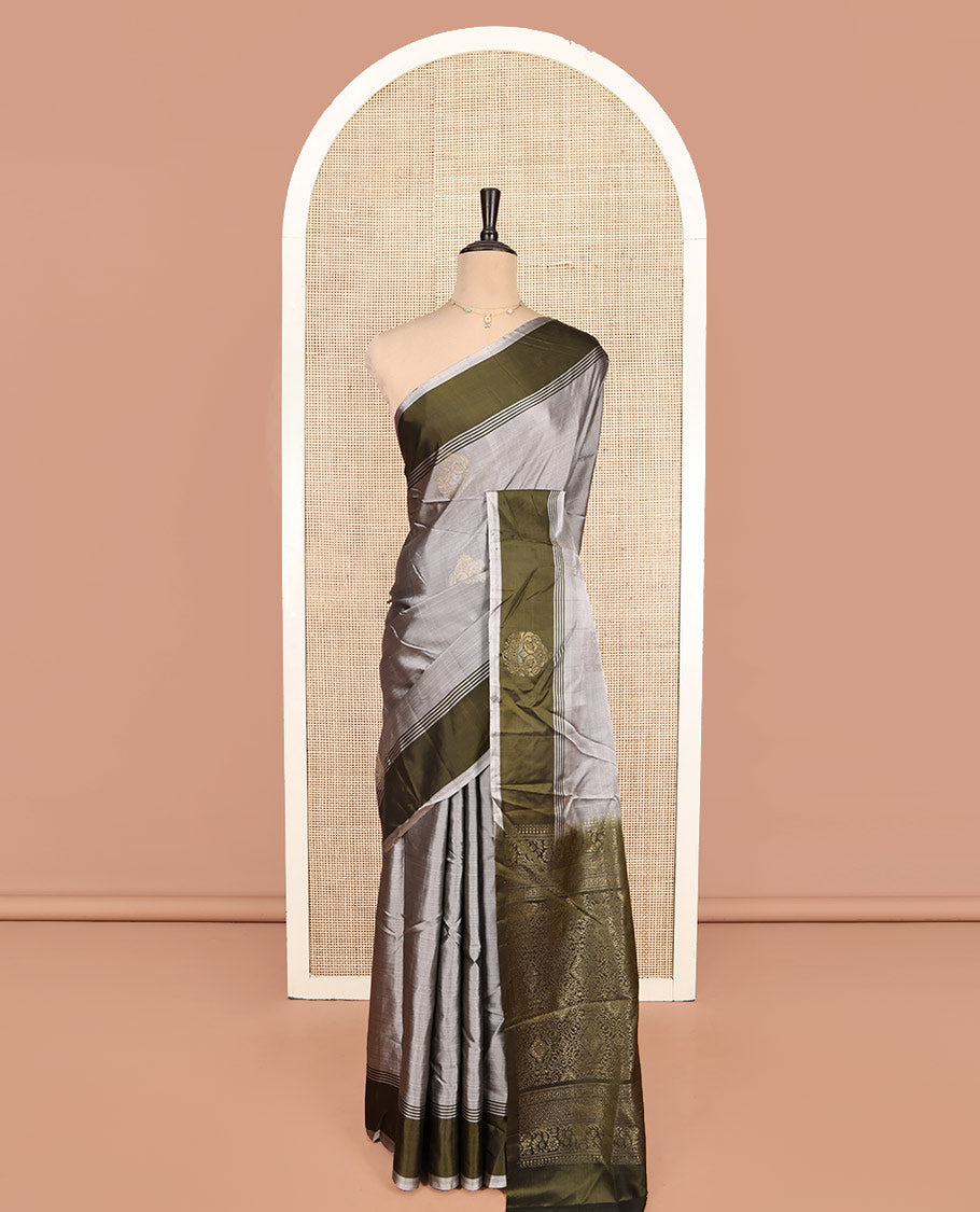 Grey-Mehendi Buttas Mayuri Lite Silk Mix Saree, Contrast Border, Grand Pallu, Contrast Blouse