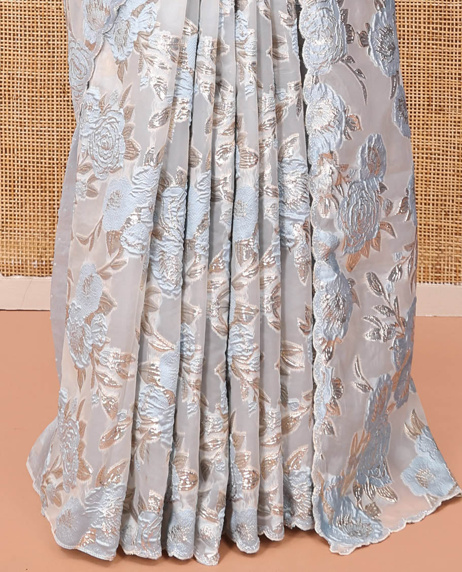 Sky Blue Turkey Organza Saree Features Floral Gold-Glitter work, Scallop Border, a Embroidered Blouse