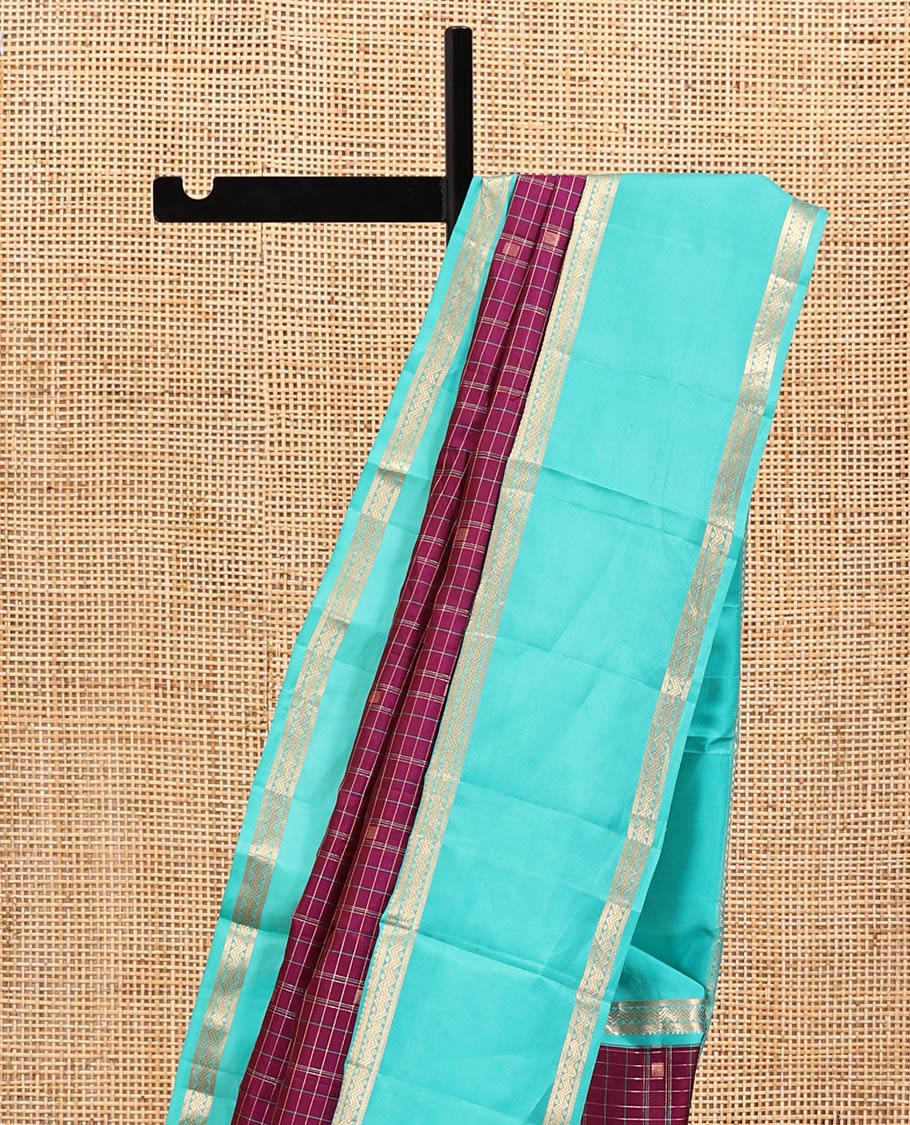 Magenta-Sapphire Blue Vasundhara Silk Saree Features Zari Butta and Checks, Contrast Rettai Pettu Border, Jaal Pallu, and a Contrast Blouse