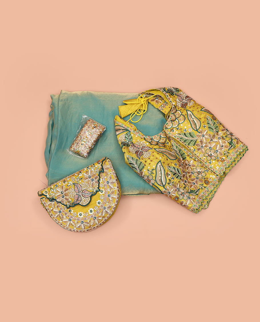 Cardamom Green Plain Party Wear Designer Saree, Complemented with a Contrast Round Neck Heavy Embroidered 3/4th Sleeve Readymade Blouse, Detachable Embroidered Belt, and a Free Embroidered Flap Sling Bag