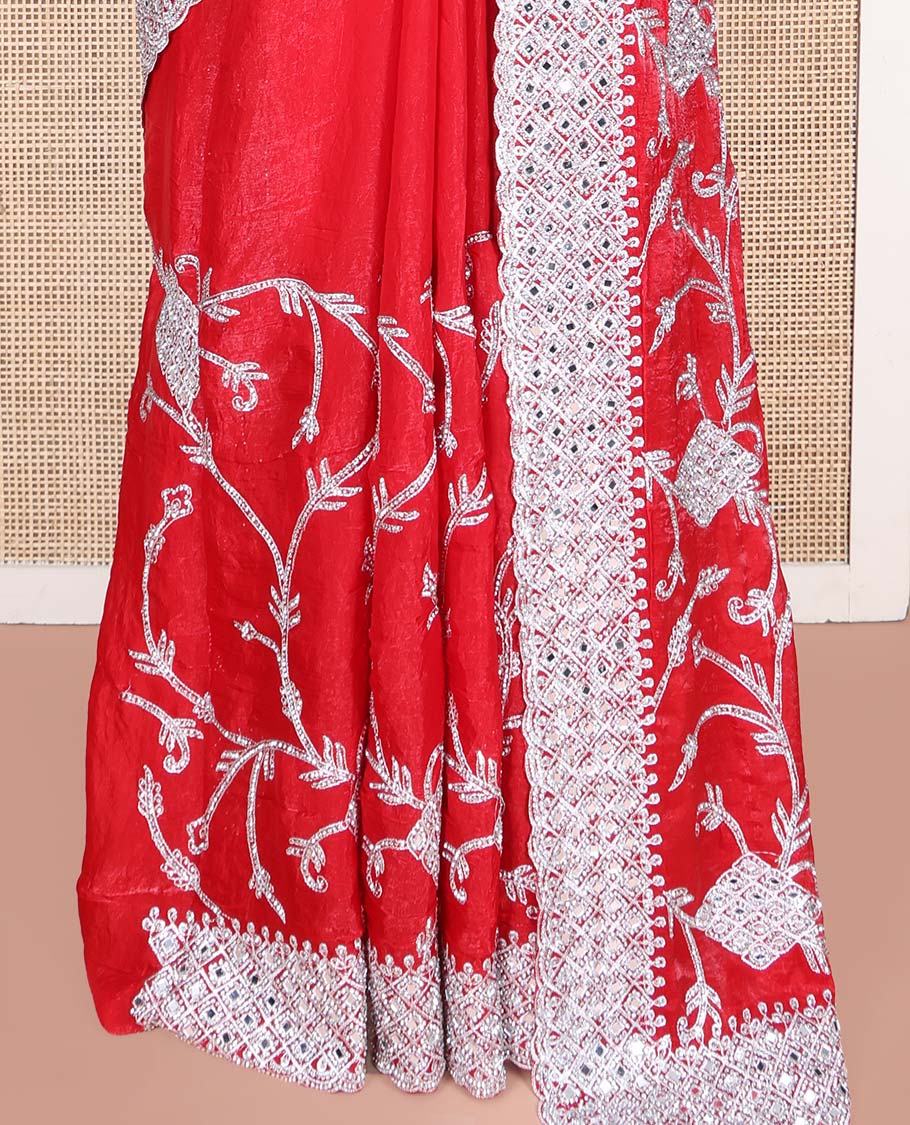 Dazzling Red Designer Saree, Richly Detailed with Floral-Jaal Style Mixed Embroidery on Its Body, Highlighted by Jaal-Patterned Scallop Embroidered Border, Self-Design Pallu, and Paired with a Heavy Embroidered Matching Blouse
