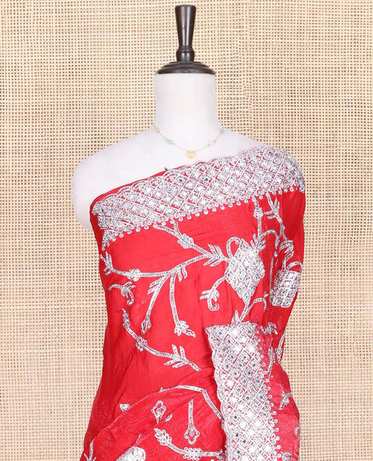 Dazzling Red Designer Saree, Richly Detailed with Floral-Jaal Style Mixed Embroidery on Its Body, Highlighted by Jaal-Patterned Scallop Embroidered Border, Self-Design Pallu, and Paired with a Heavy Embroidered Matching Blouse