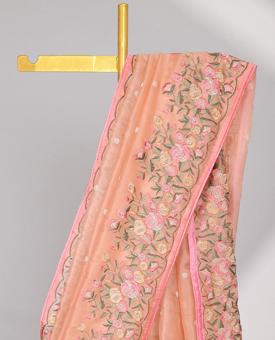 Orange motifs embroidery net designer saree with self floral border & floral embroidery pallu 