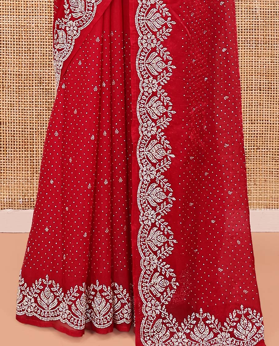 Red Designer Saree, Beautified with Stone Work On Its Body, Highlighted by Intricately Stone Work Border, and Paired with a Matching Blouse