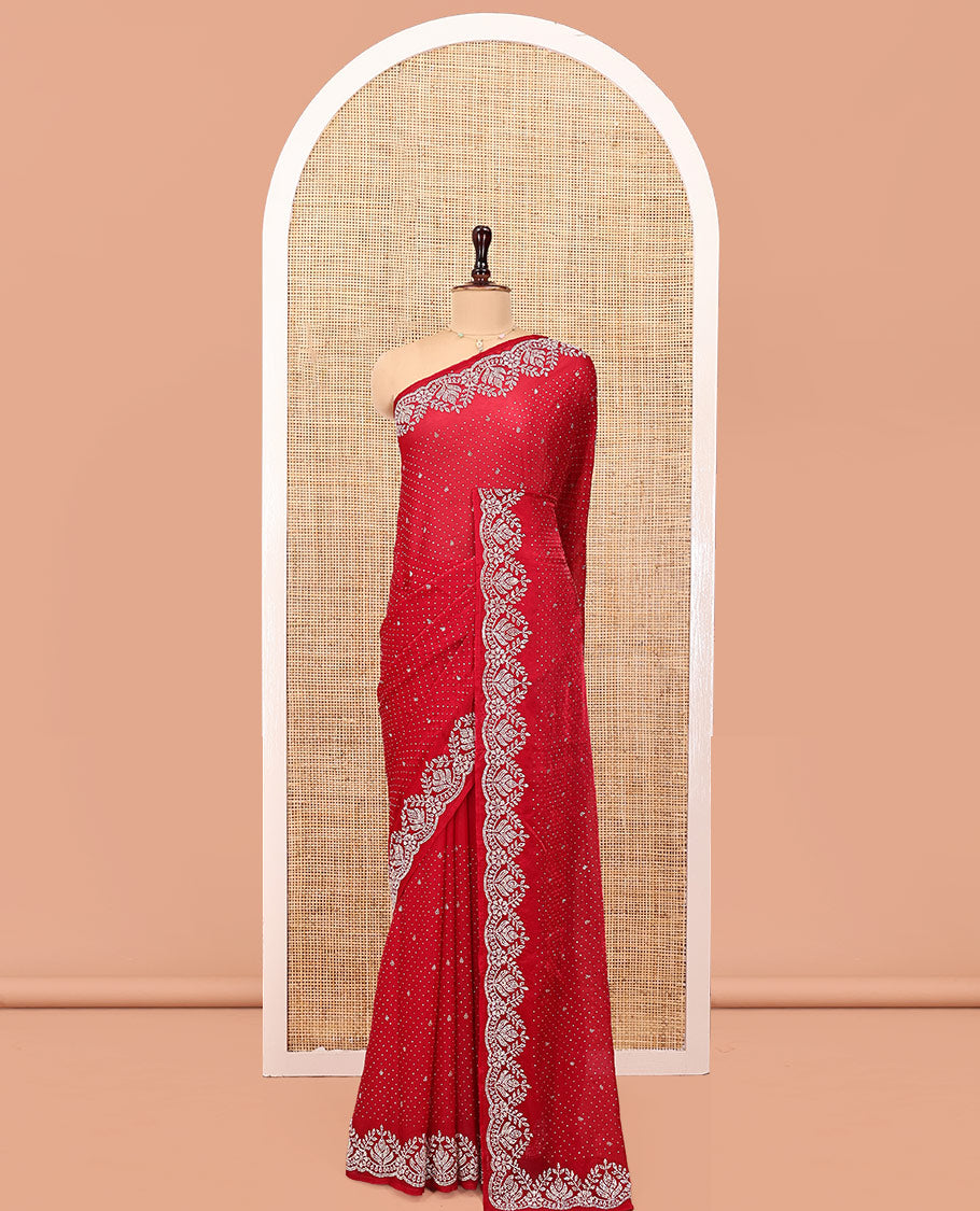Red Designer Saree, Beautified with Stone Work On Its Body, Highlighted by Intricately Stone Work Border, and Paired with a Matching Blouse