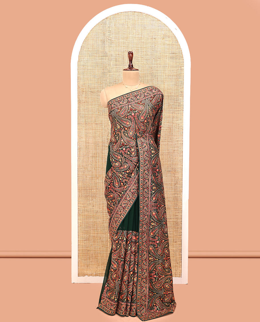 Green Designer Saree, Artfully Detailed with Paisley Embroidery, a Paisley Embroidered Border, and a Matching Blouse