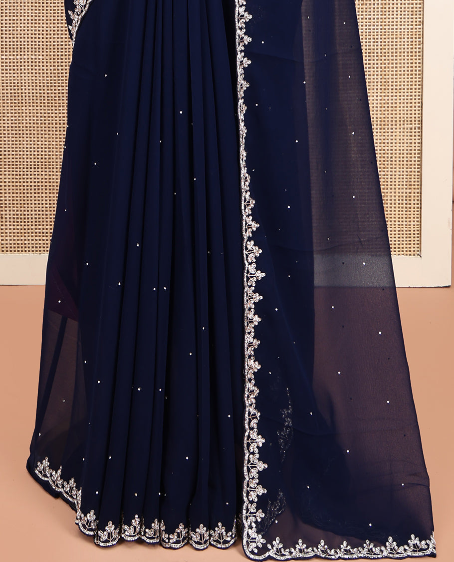 Navy Blue Designer Saree, Adorned with Stone Work, Scallop Stone-Embroidered Border, and Embroidered Matching Blouse