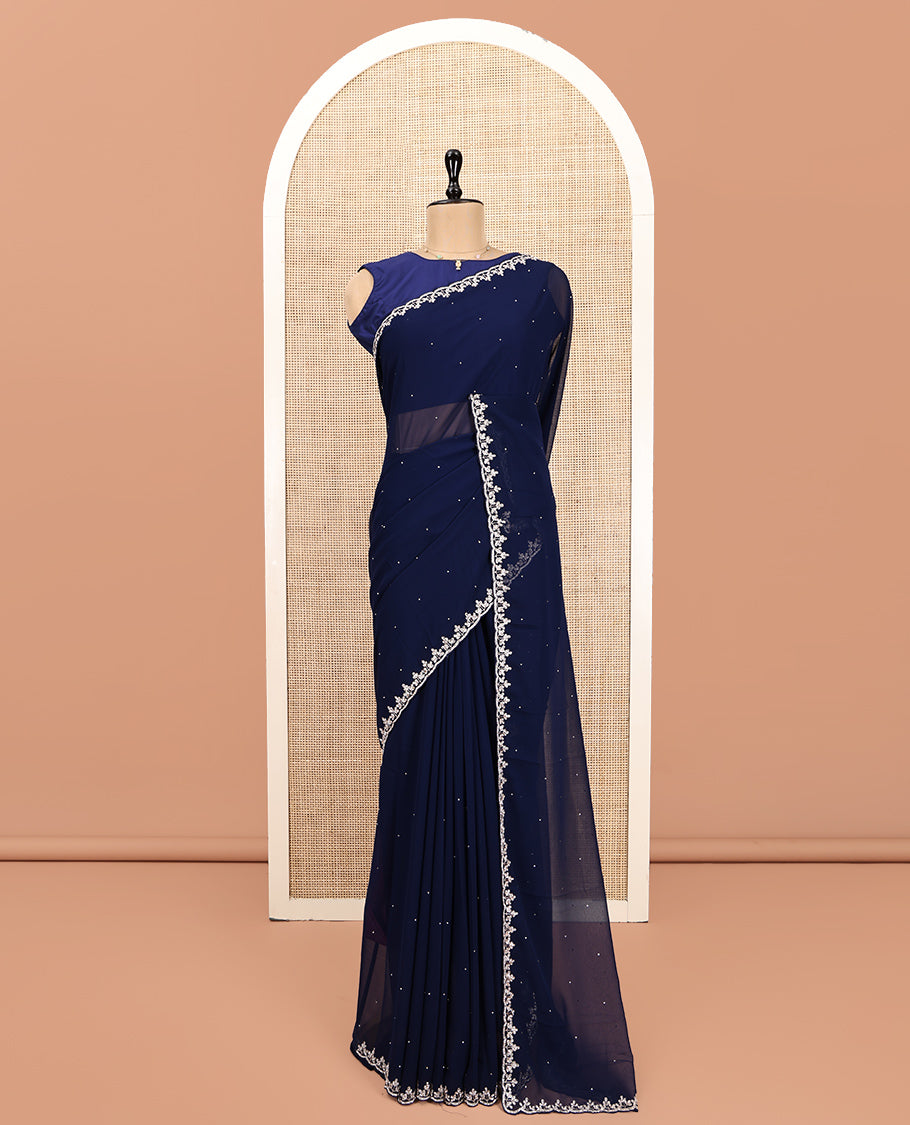 Navy Blue Designer Saree, Adorned with Stone Work, Scallop Stone-Embroidered Border, and Embroidered Matching Blouse