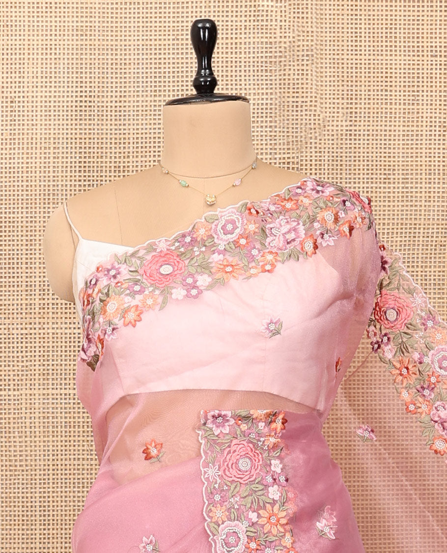 Pink Organza Saree, Mesmerized with Flower Motifs Embroidery Border, a Scallop Floral Embroidered Border, and a Matching Blouse