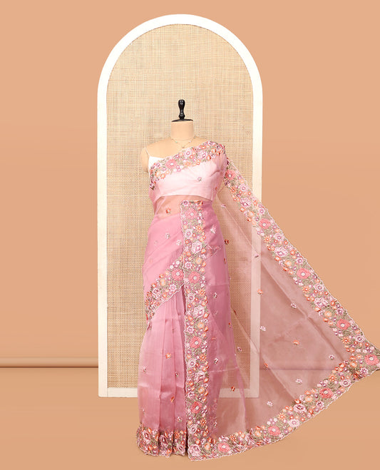 Pink Organza Saree, Mesmerized with Flower Motifs Embroidery Border, a Scallop Floral Embroidered Border, and a Matching Blouse