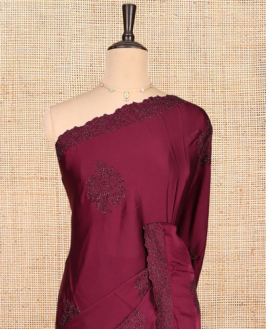 Maroon Designer Saree, Finely Crafted with Floral Stone Patchwork, a Scallop Stonework Border, and a Matching Blouse