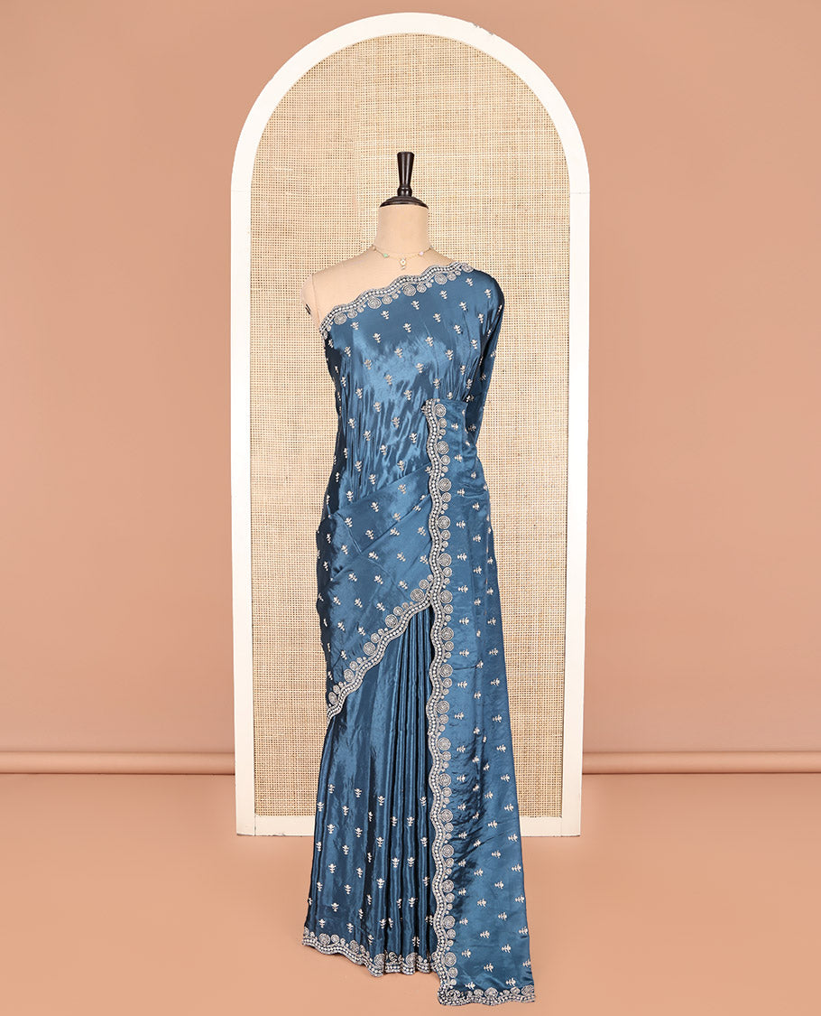 Grey Designer Saree, Finely Crafted with Micro-Stone Work, Scallop Micro-Stone Work Border, a Self-Pallu, and Matching Blouse