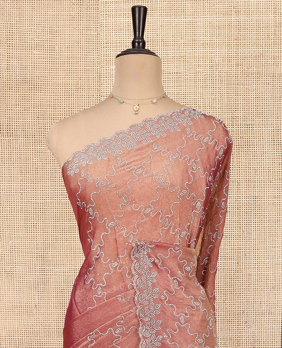 Peach Designer Saree, Gleamed Up with Jaal Stonework, Scallop Stonework Border, Stonework Pallu, and Matching Blouse
