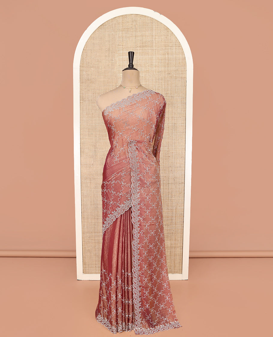 Peach Designer Saree, Gleamed Up with Jaal Stonework, Scallop Stonework Border, Stonework Pallu, and Matching Blouse