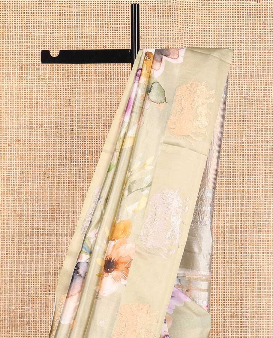 Beige floral design raw mango silk saree with contrast pichwai style border & vanki design pallu