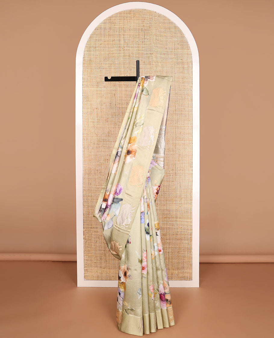 Beige floral design raw mango silk saree with contrast pichwai style border & vanki design pallu