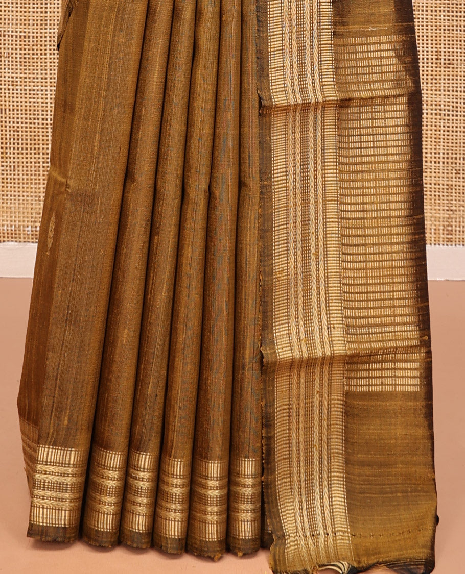 Mustard Dupion Silk Saree, Graced with Buttas, Highlighted by a Traditional Border, Striped Pallu, and a Matching Blouse