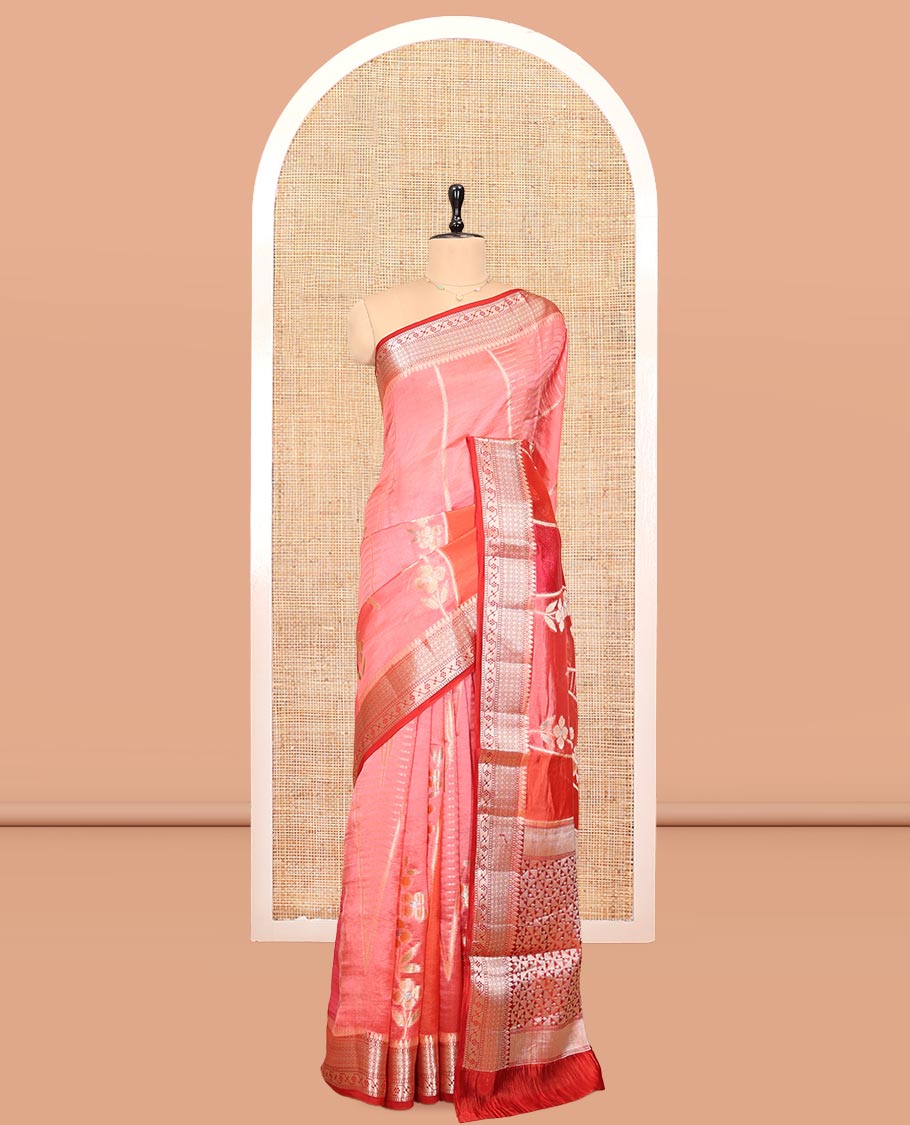 Pink Dupion Silk Saree, Adorned with Rangkat-Style Floral and Zari Stripes, a Contrast Traditional Zari Border, Geometric Pallu, and a Contrast Blouse