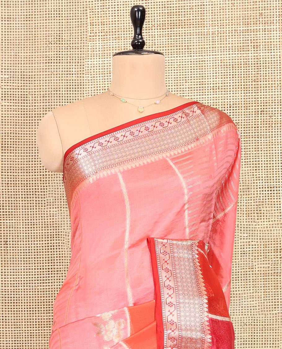 Pink Dupion Silk Saree, Adorned with Rangkat-Style Floral and Zari Stripes, a Contrast Traditional Zari Border, Geometric Pallu, and a Contrast Blouse