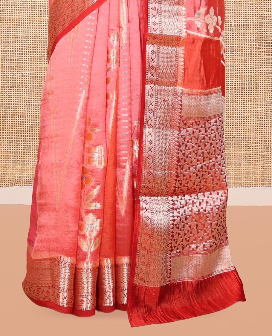 Pink Dupion Silk Saree, Adorned with Rangkat-Style Floral and Zari Stripes, a Contrast Traditional Zari Border, Geometric Pallu, and a Contrast Blouse