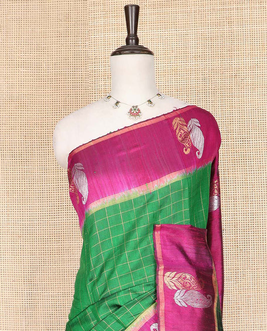 Green Dupion Silk Saree Elevated with Checks on Its Body, Complemented by a Contrast Border of Paisleys, Gleaming Pallu of Ogee Patterns, and Paired with a Contrast Blouse