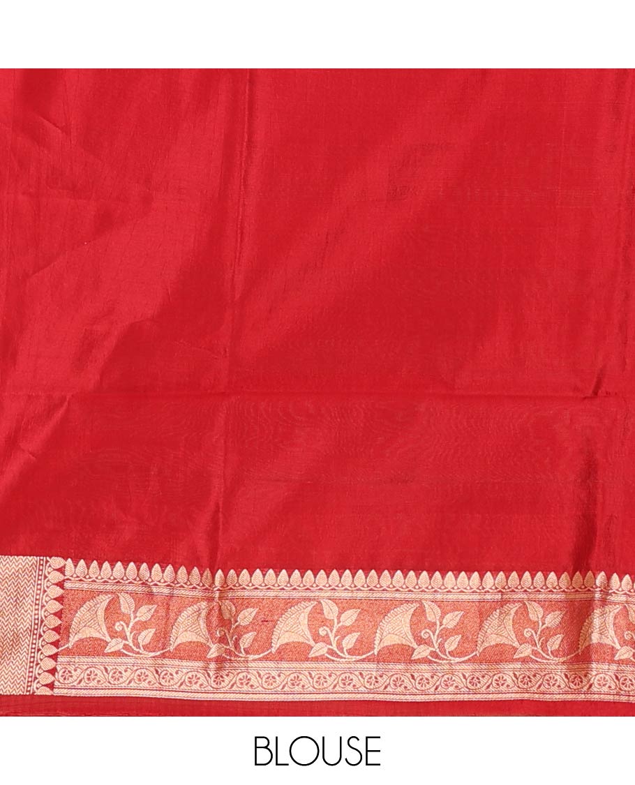 Grey Raw Mango Silk Saree Adorned with Buttas, Complemented by a Contrast Traditional Zari-Designed Border, Featuring a Zari-Elevated Jaal-Designed Pallu, Paired with a Contrast Blouse