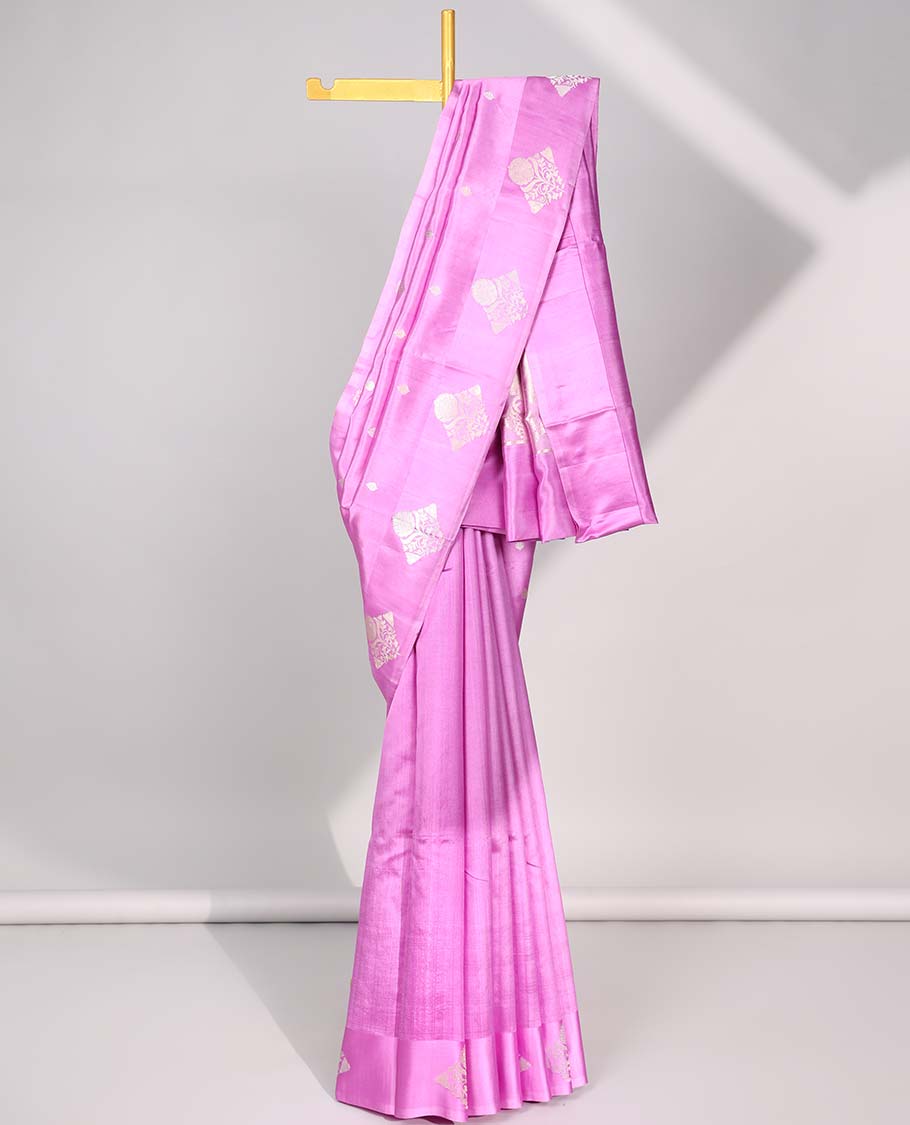 Pink floral buttas raw mango silk saree with self floral border & zari design pallu