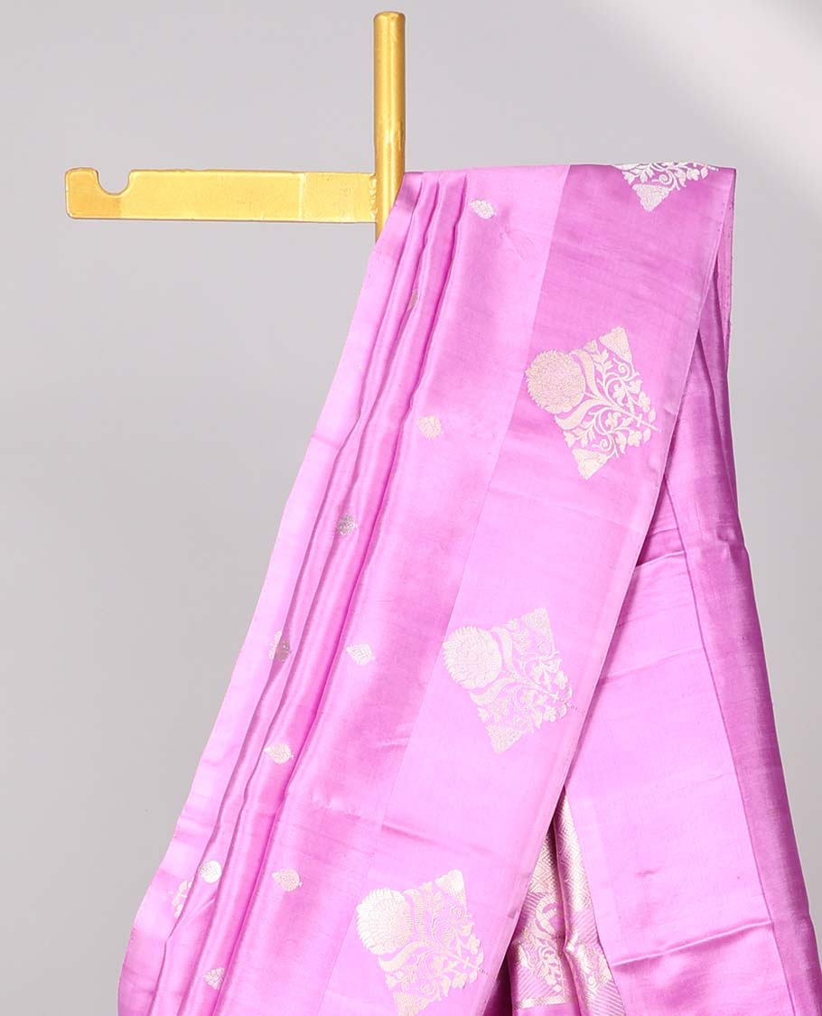 Pink floral buttas raw mango silk saree with self floral border & zari design pallu