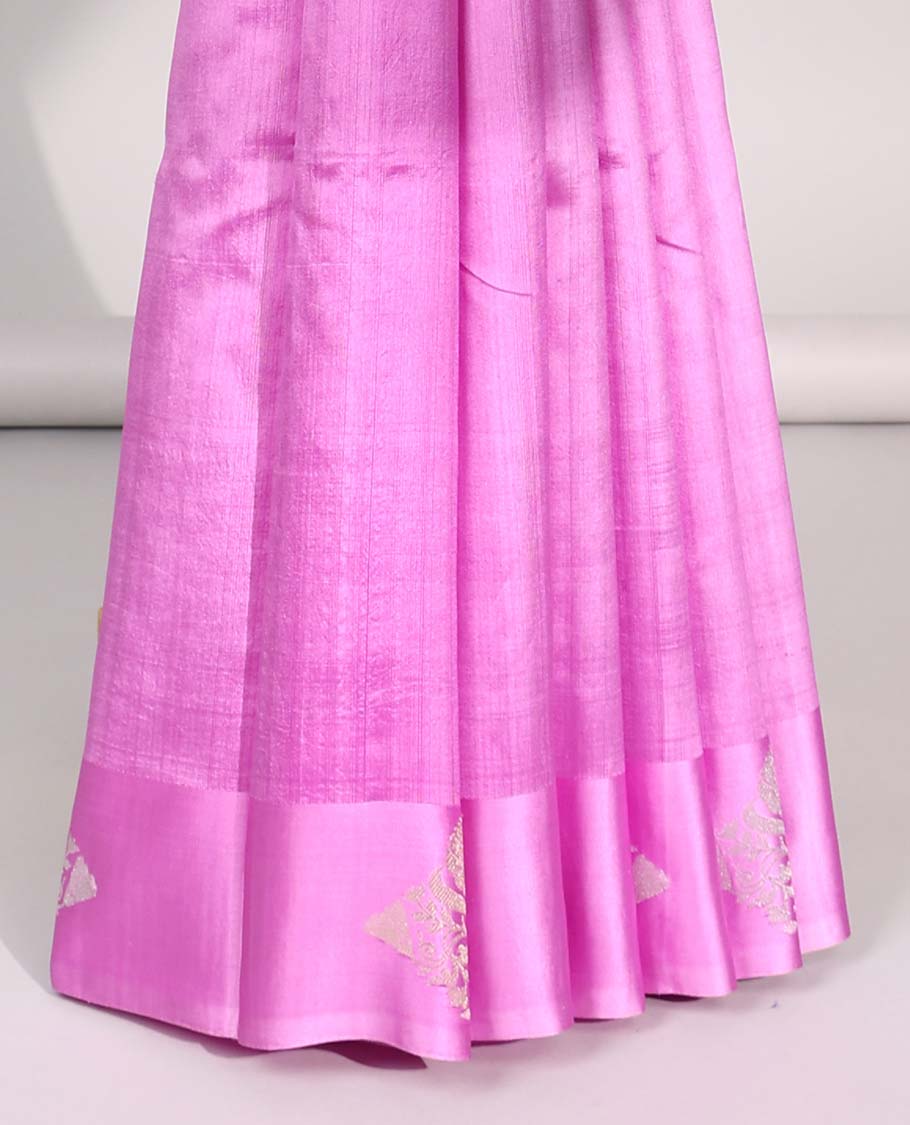 Pink floral buttas raw mango silk saree with self floral border & zari design pallu