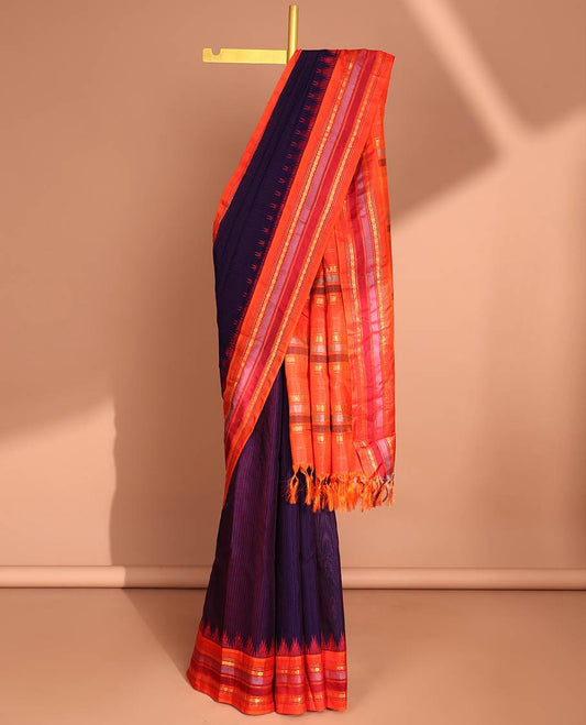 Blue gadwal saree with contrast zari design border & traditional zari design pallu