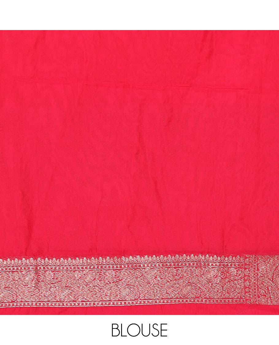 Red Fancy Georgette Saree Gracefully Embellished with Floral Jaal Jacquard Design, Highlighted by Zari Border of Paisleys, Zari Woven Pallu Featuring Floral Designs in Zari, and Paired with a Matching Blouse