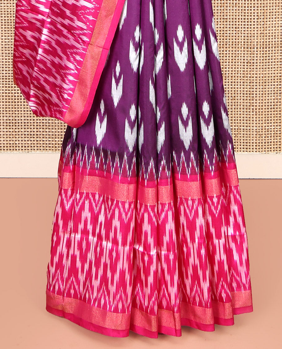 Purple Pochampally Ikat Silk Saree, Adorned with Buttas All Over Its Body, Complemented by a Contrast Temple Border of Geometric Patterns, Ikat-Style Jaal Pallu, and Paired with a Contrast Blouse
