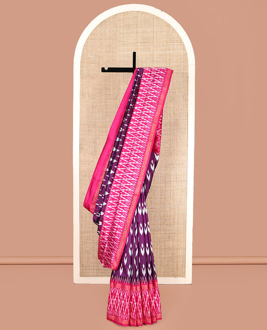 Purple Pochampally Ikat Silk Saree, Adorned with Buttas All Over Its Body, Complemented by a Contrast Temple Border of Geometric Patterns, Ikat-Style Jaal Pallu, and Paired with a Contrast Blouse