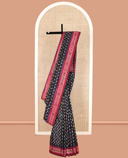 Black Pochampally Ikat Silk Saree, Steeped with Ikat Buttas, Complemented by a Contrast Ikat Border, Ikat Woven Pallu, and No Blouse