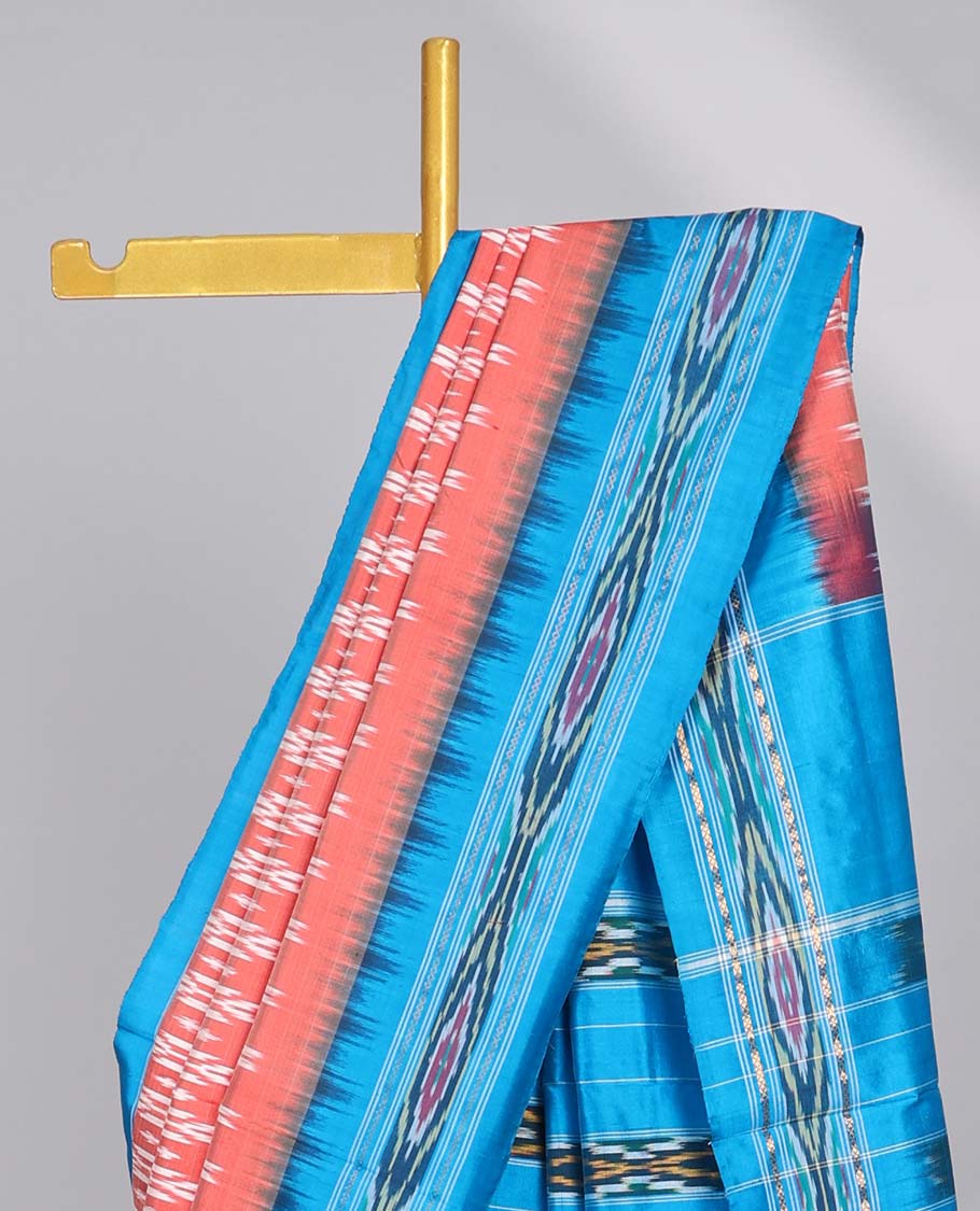 Red intricate design ikkat silk saree with contrast striped border & striped design pallu