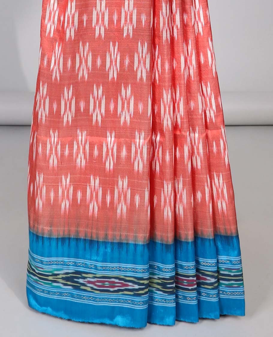 Red intricate design ikkat silk saree with contrast striped border & striped design pallu