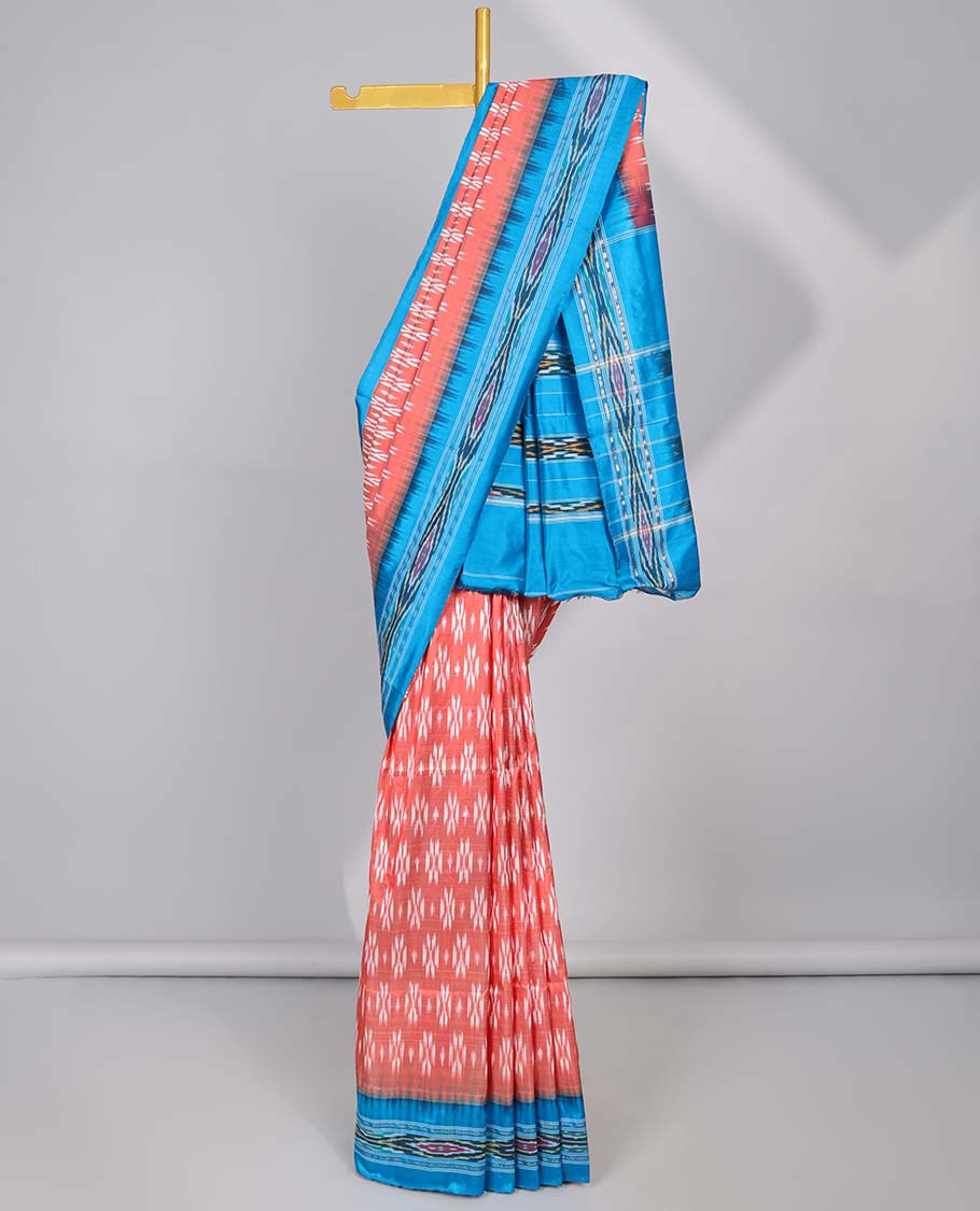 Red intricate design ikkat silk saree with contrast striped border & striped design pallu