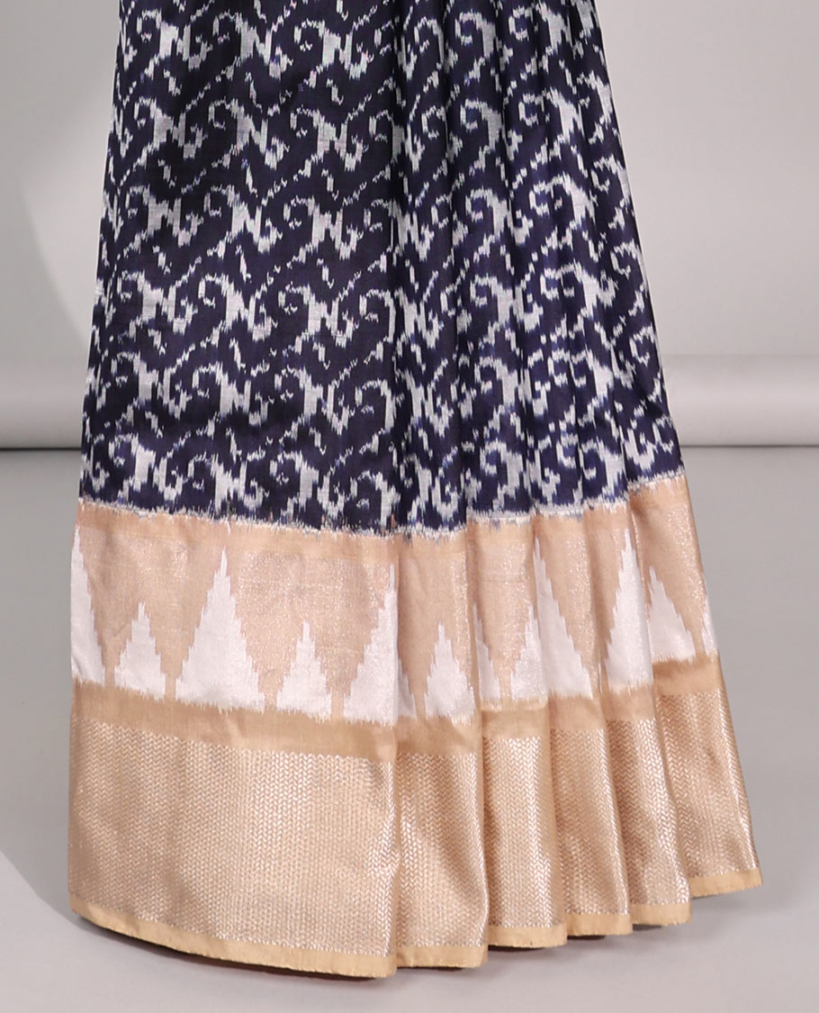 Blue intricate design ikkat saree with triangle motifs & geometric, floral motifs pallu