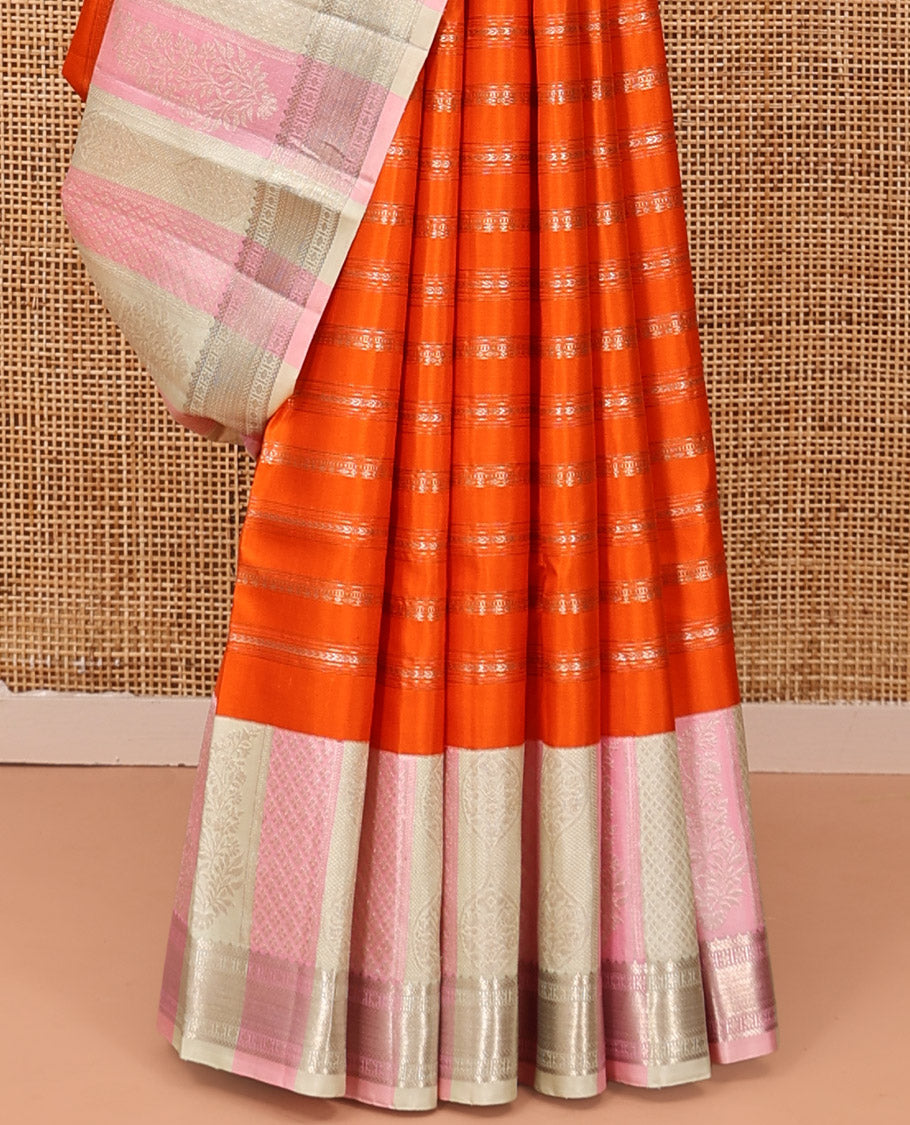 Orange Kanchipuram Designer Silk Saree, Charmingly Accented with Geometric Designs, Complemented by Contrast Jacquard Border, Jaal Pallu, and a Contrast Blouse