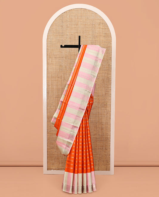 Orange Kanchipuram Designer Silk Saree, Charmingly Accented with Geometric Designs, Complemented by Contrast Jacquard Border, Jaal Pallu, and a Contrast Blouse