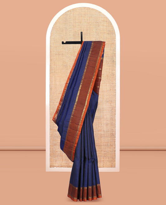 Blue Kanchipuram Silk Saree, Sparsely Woven with Muthu Zari Stripes, Complemented by a Contrast Border, Zari Design Pallu, and a Contrast Blouse